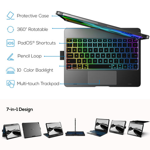 Typecase Touch Keyboard Case with Trackpad for iPad Air 5th Gen (10.9-inch, 2022): 360° Rotatable - 11 Colors Backlight - Wireless Keyboard with Pencil Holder for iPad Air 5th & 4th Gen